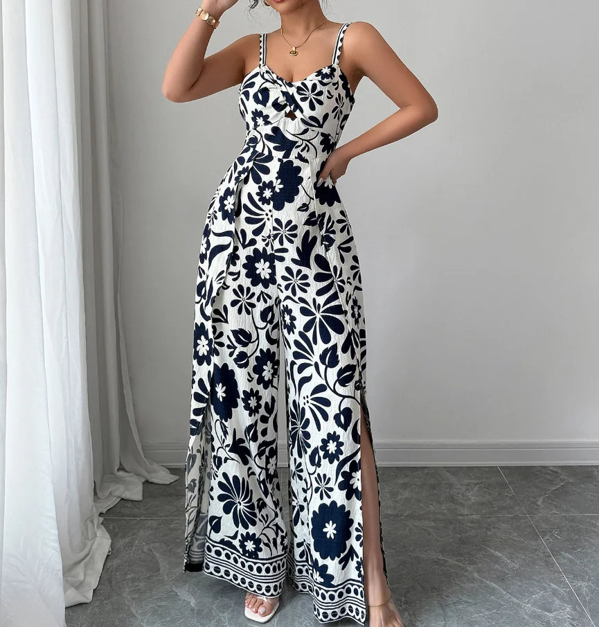 Women's Printed Long Jumpsuit Female Daily Casual Clothing Beach Style Contrasting Female Fashion Elegant Wide Leg Jumpsuits