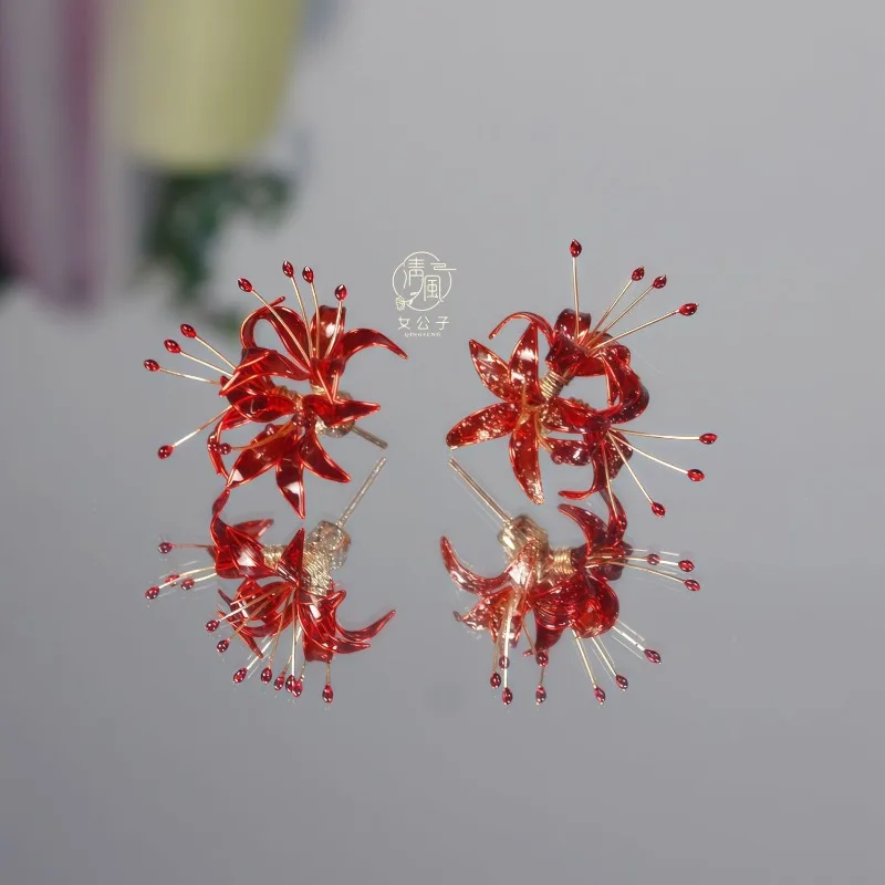 Original New Ancient Chinese Style Manjushaka Red Spider Lily Ear Studs Handmade Versatile Luxury Premium Jewelry for Women Gift