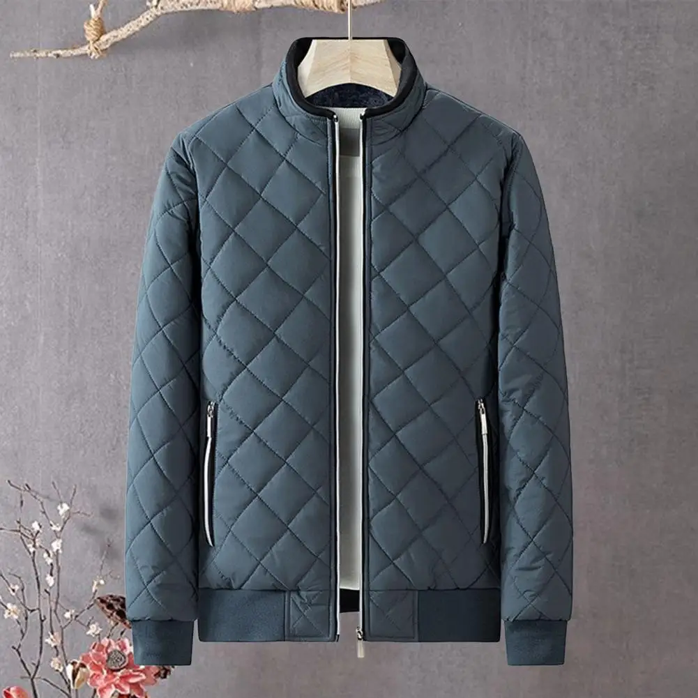 Rhombus Embossed Texture Winter Coat Men Thick Winter Coat Stylish Men's Rhombus Embossed Jacket Warm Fleece Lining for Autumn