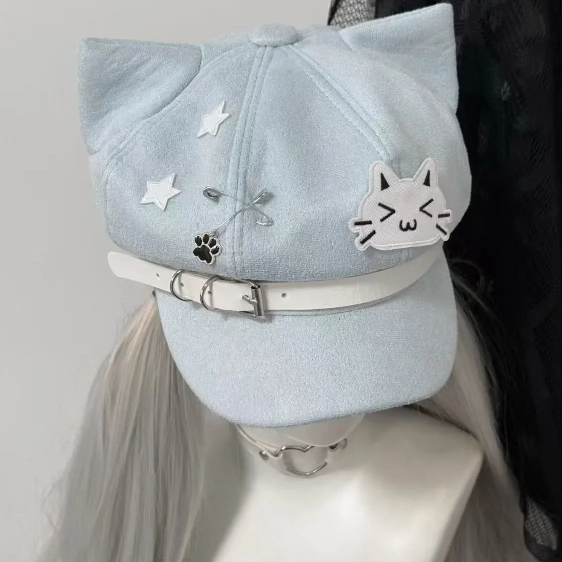 Alt Aesthetic Jk Style Beret Hat Black Light Blue 3D Cat Ear Adjustable Elastic Strap Campus Niche Otaku Summer Headwear