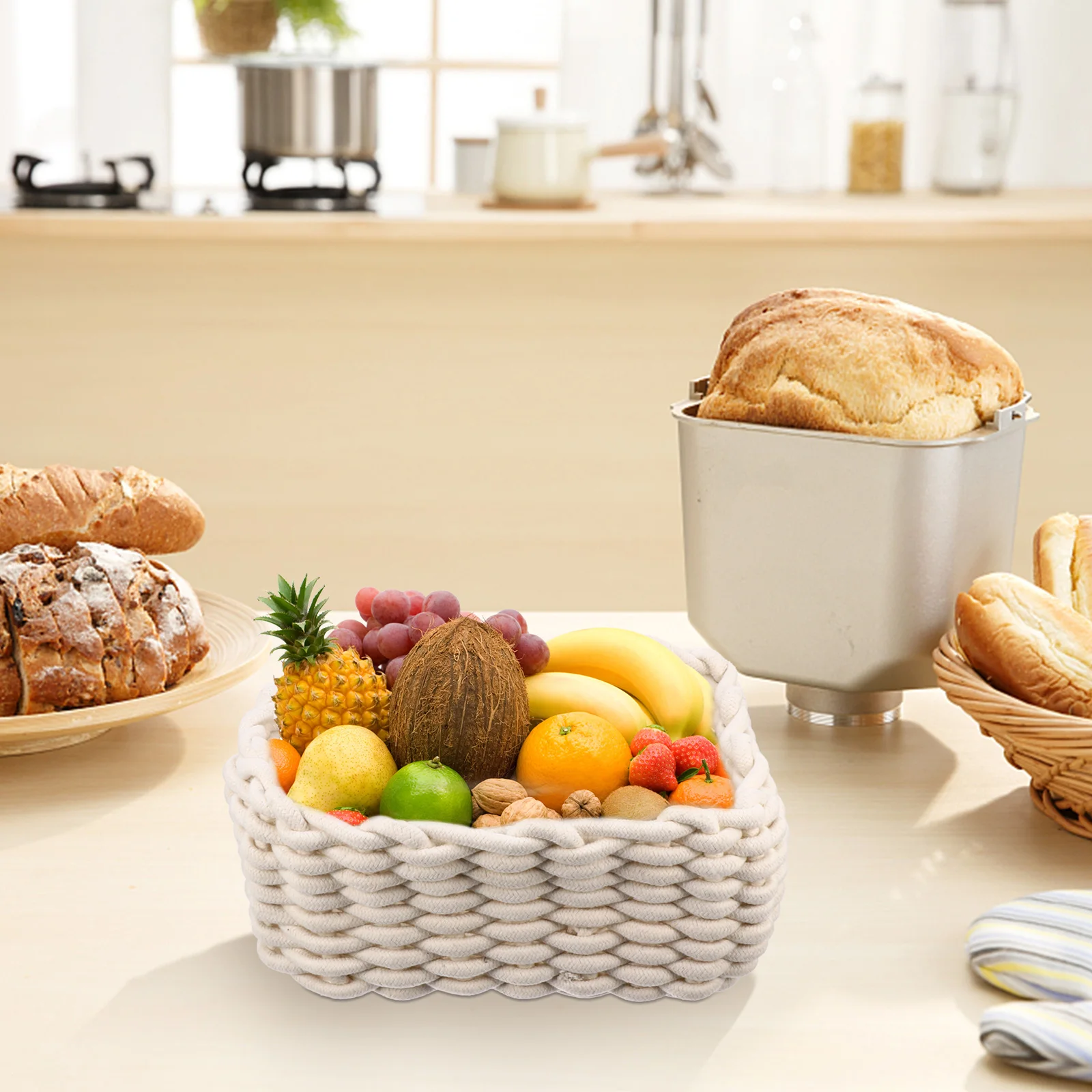 

Home Storage Basket Cotton Thread Design Decorative Organizer for Living Room Bedroom Office Tabletop Basket Bin Solution