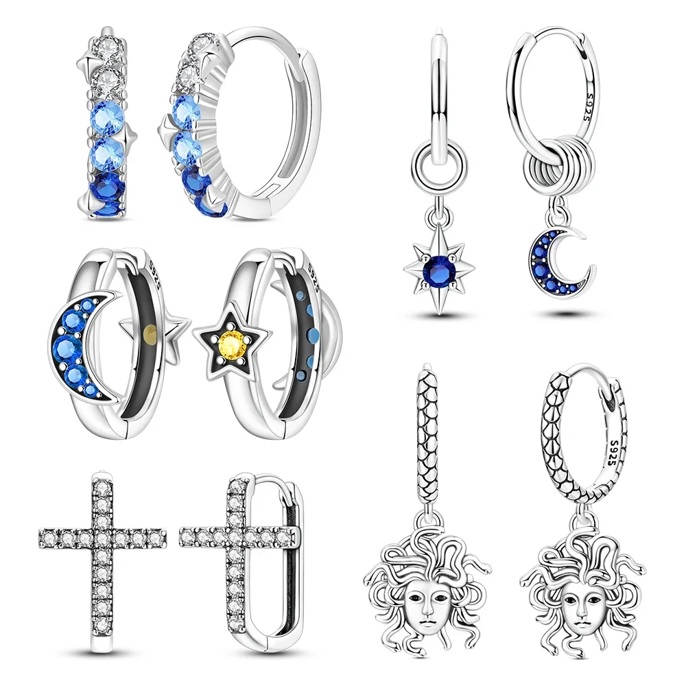 Women Earrings 925 Silver Plated Blue Zircon Moon Star Drop Ear Cross Medusa Hoop Earrings Fashion Jewelry Birthday Fine Gift