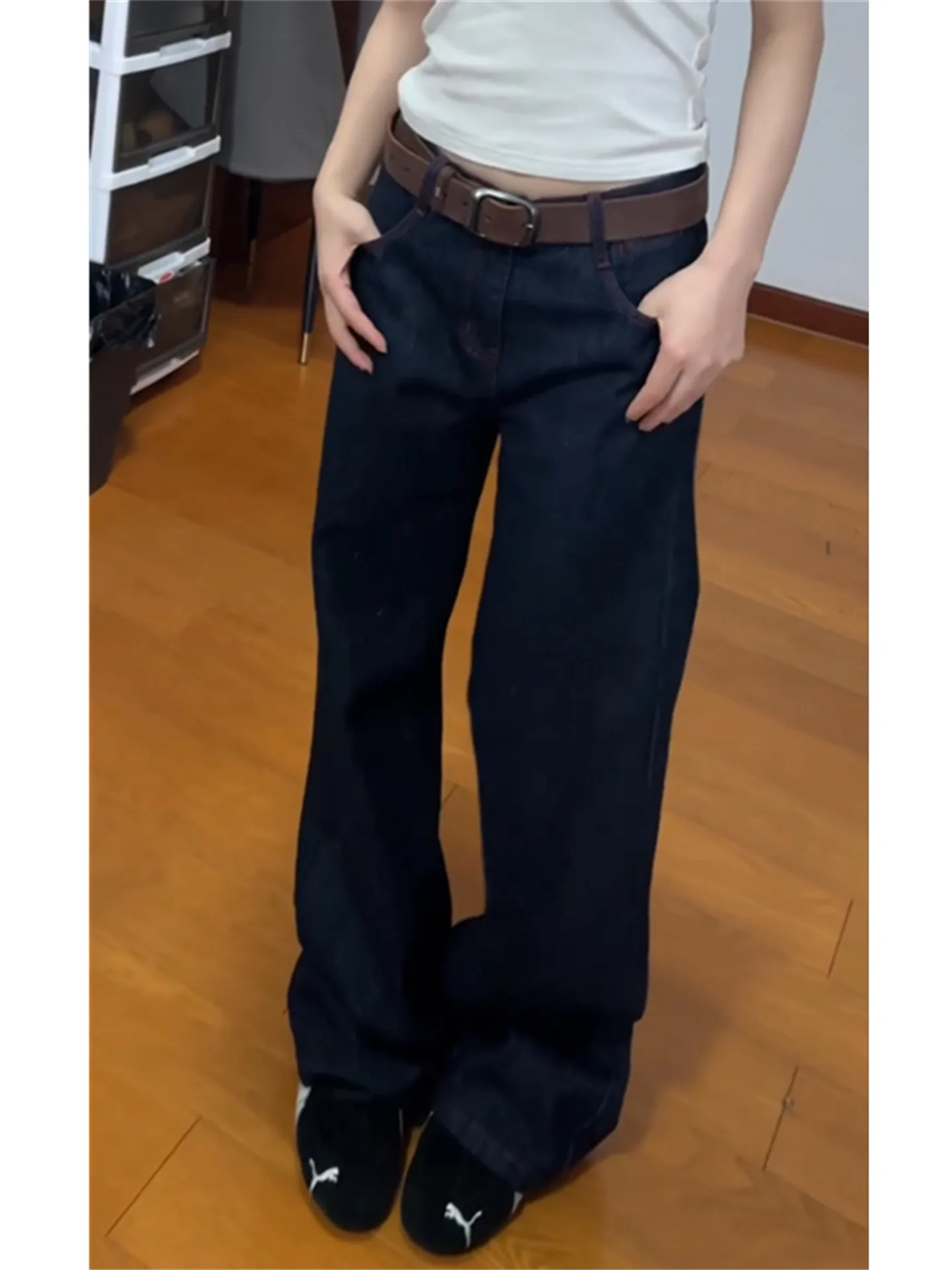 

Tall Women's Low Waist Straight Leg Original Denim Jeans Casual Loose Slimming Design Autumn Winter Cotton Casual Pants