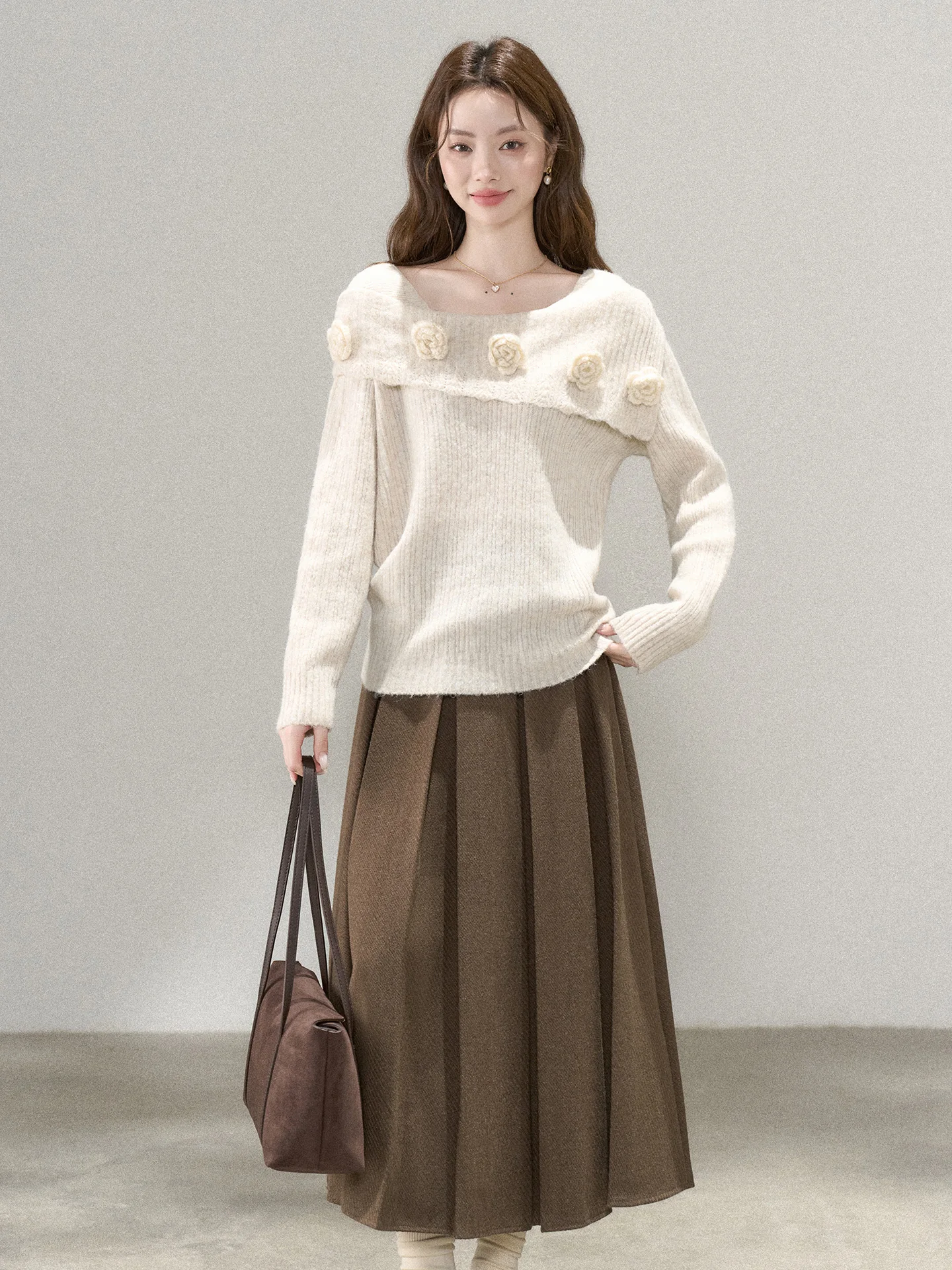 

Soft Wind 3D Flower Knitted Sweater Set Women's Autumn Winter New Sle Top And f Skirt Two-Piece Set Gentle Sle