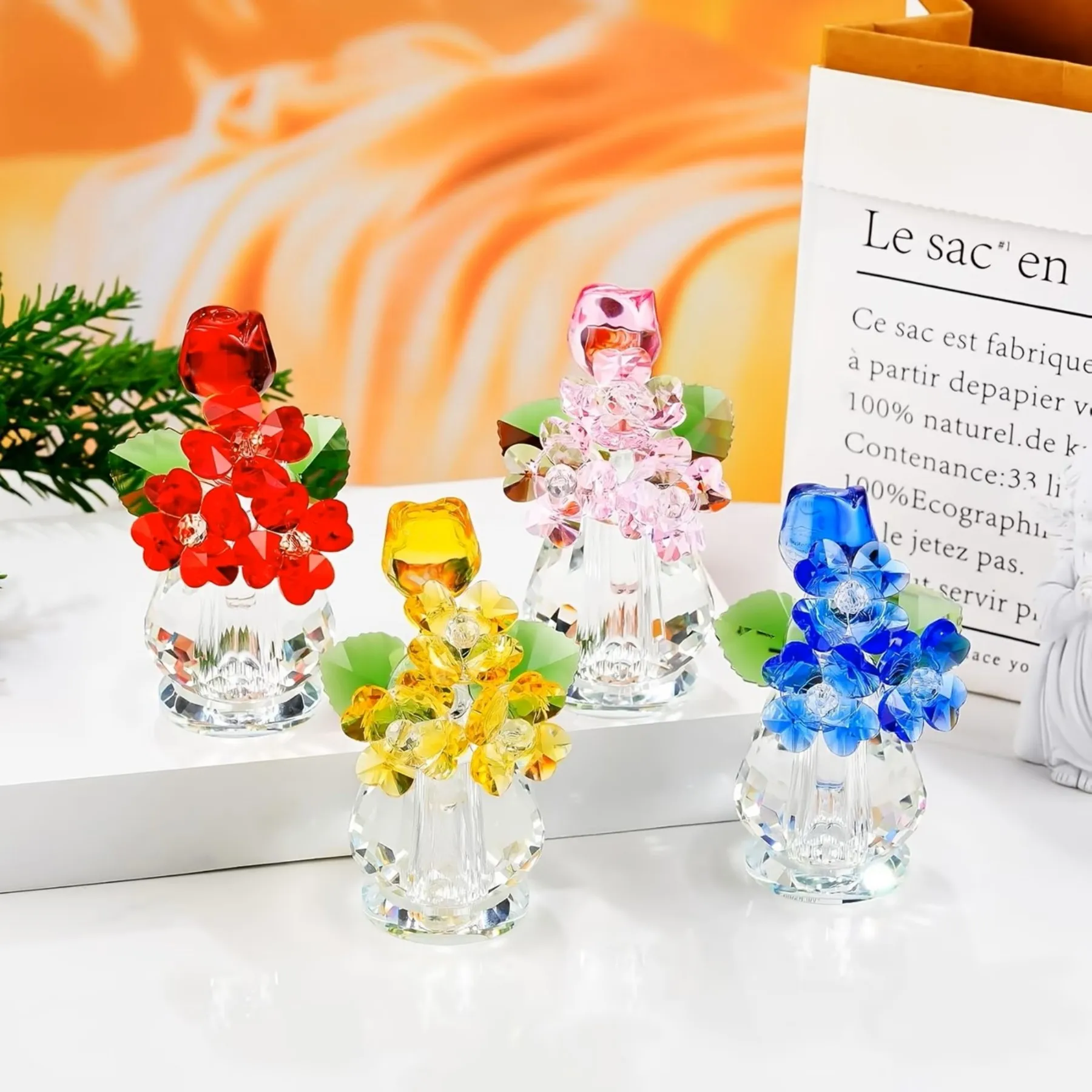 Crystal Roses in Bouquet - Handcrafted Glass Flower Arrangement, Perfect Gift for Mom/Wife, Table Centerpiece for Christmas
