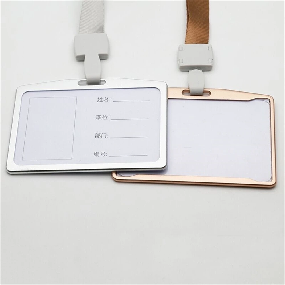 Horizontal Metal Aluminum Id Badge Card Holder Office Exhibition Working Card Name Tag With Neck Lanyard