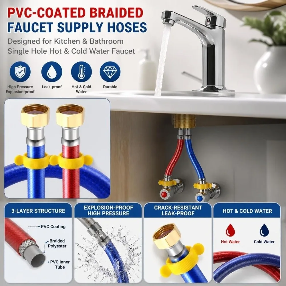 Plastic-Coated Faucet Water Inlet Pipe Hot Cold Tube Explosion Proof Hot Cold Water Pipe Corrosion Resistant 60cm