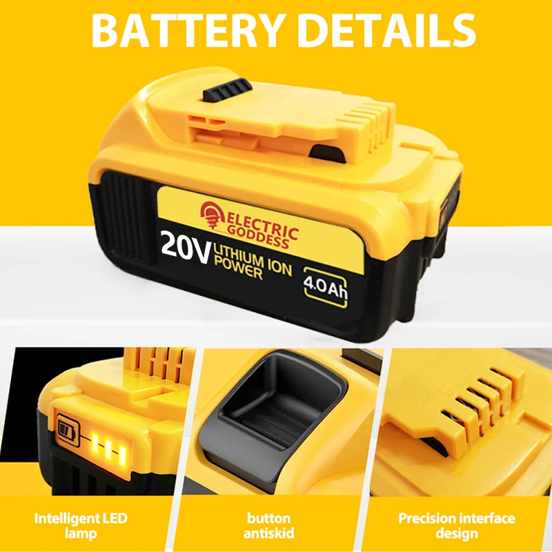 Baterai Lithium Dewi Listrik Kompatibel 20V 4.0ah Pengganti untuk Alat Listrik Isi Ulang Dewalt DCF850 DCF512