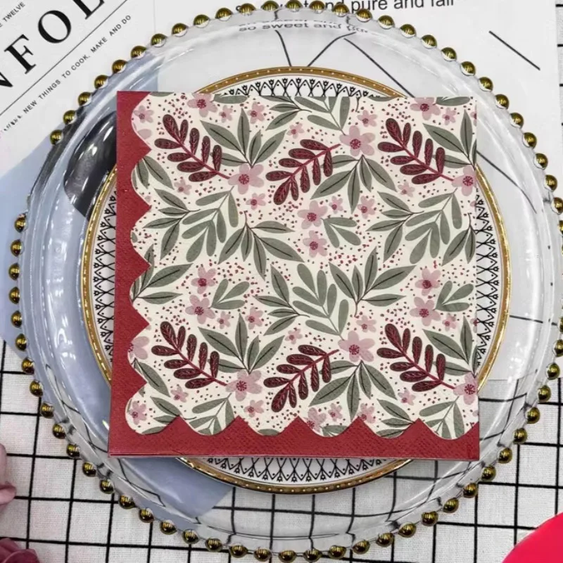 20pcs 33cm 2-Ply High end Leaf Flower Printing Party Napkins New Wine Glass Flower Folding DIY Decoupage Paper
