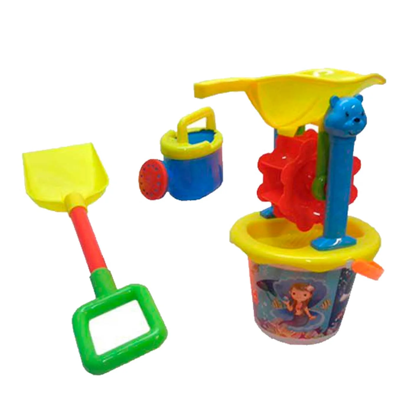 Tradineur-small beach bucket with accessories, includes: Bucket, shovel, rake, watering can, etc. 39x20x20 cm