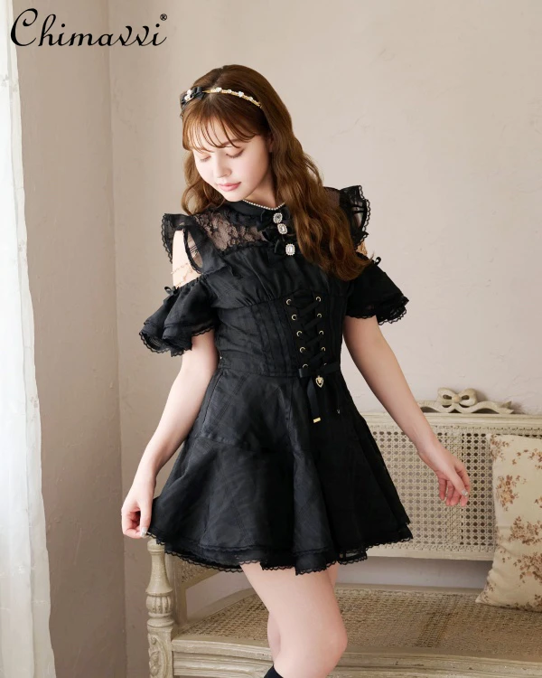 Liz ญี่ปุ่นลายสก๊อต Organza ชุดเจ้าหญิงหวาน Off-the-shoulder Slim-fit Lolita ชุด + Culottes สาวผู้หญิง 2 ชิ้นชุด