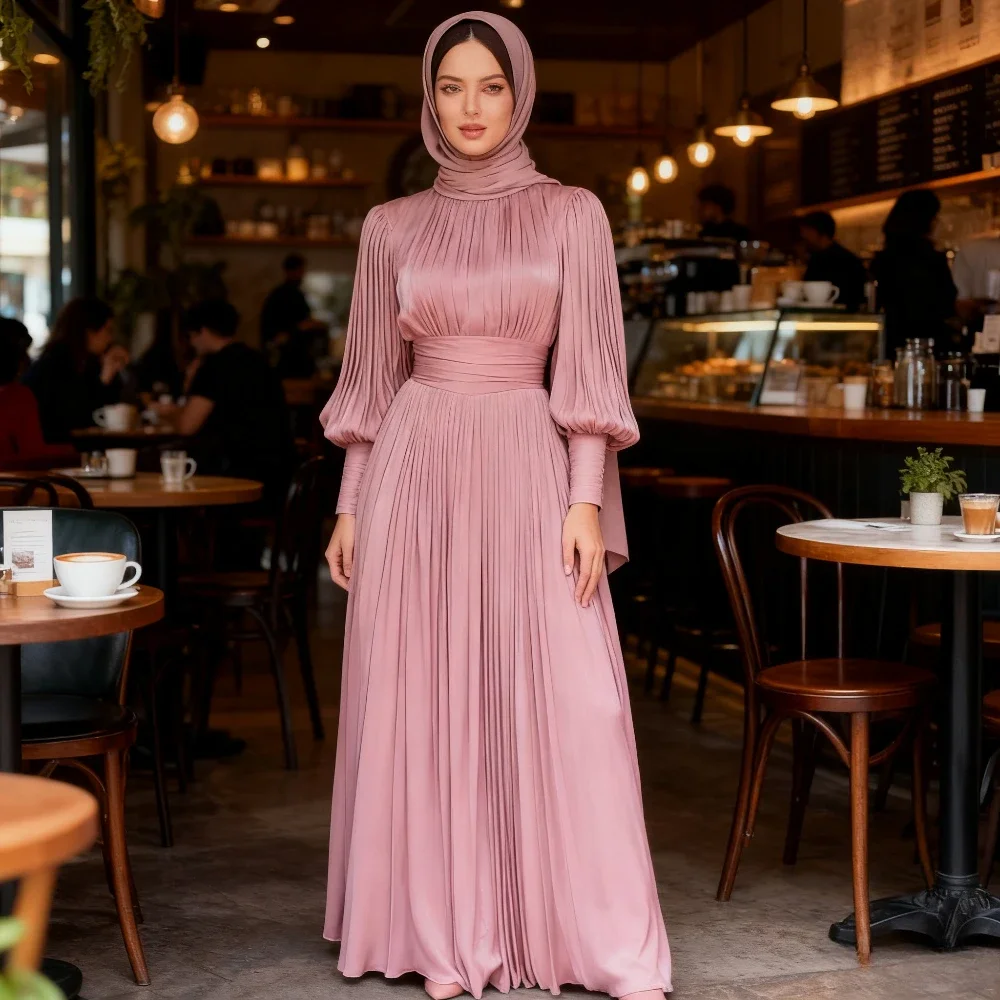 

Eid Silky Muslim Women Dress Jalabiya Abaya Solid Ramadan Party Dresses Robe Morocco Dubai Kaftan Islam Vestidos Largos Sweet