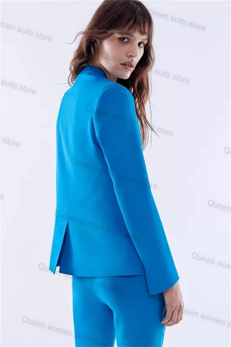 Formal Blue Women Suit Pants Set for Wedding 2 Piece Blazer+Trousers Office Lady Sexy V Neck Jacket Coat Tuxedos Custom Made