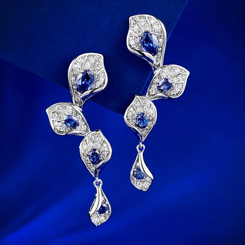 2024 new niche design royal blue and plain leaf earrings 925 sterling silver light luxury minimalist earrings are hot selling