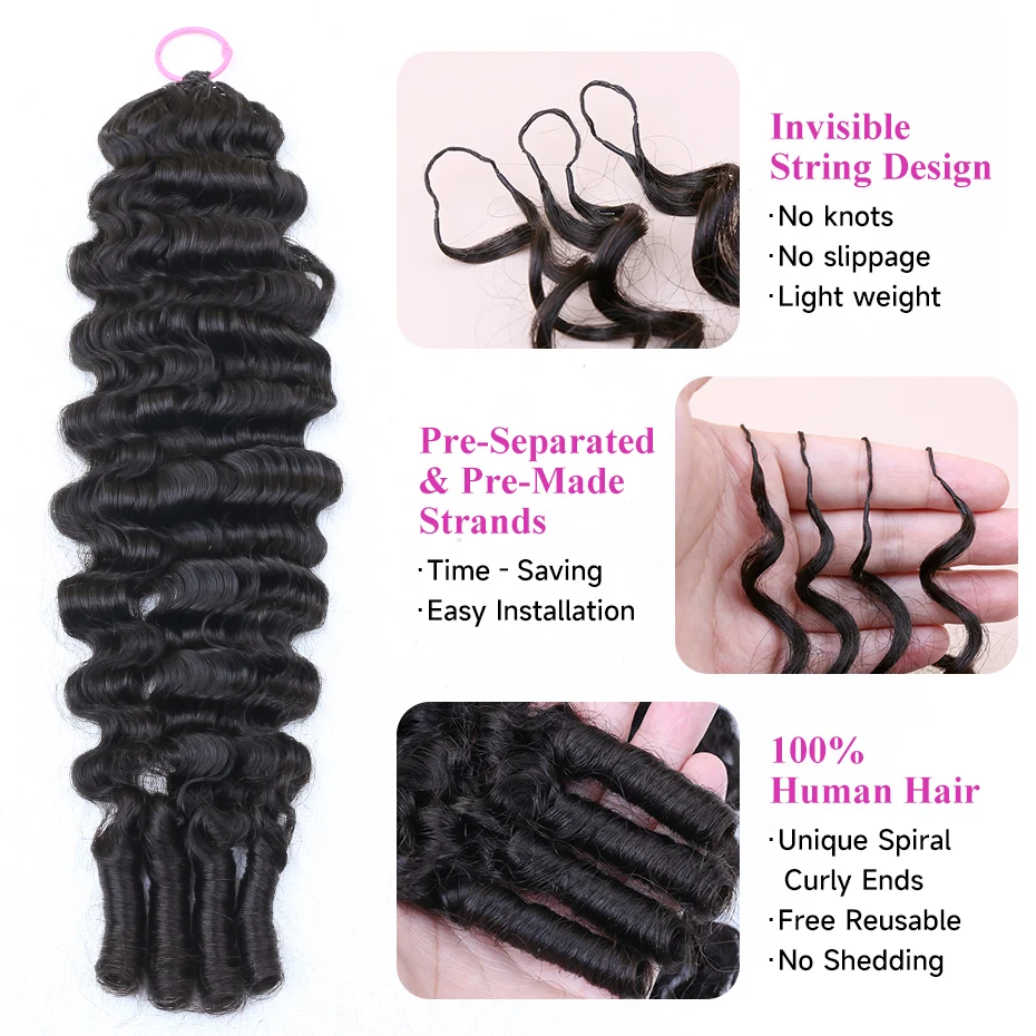 100% Human Hair Feather Crochet Pre Looped Invisible Miracle Knots Burmese Curly Hair Feathered Crochet Human Hair 1B Natural Colored Pre Braided Deep Wave Curly Hair Weave Bundles Remy Human Hair Extensions 18 20 22 24 Inch Free Shipping view 3