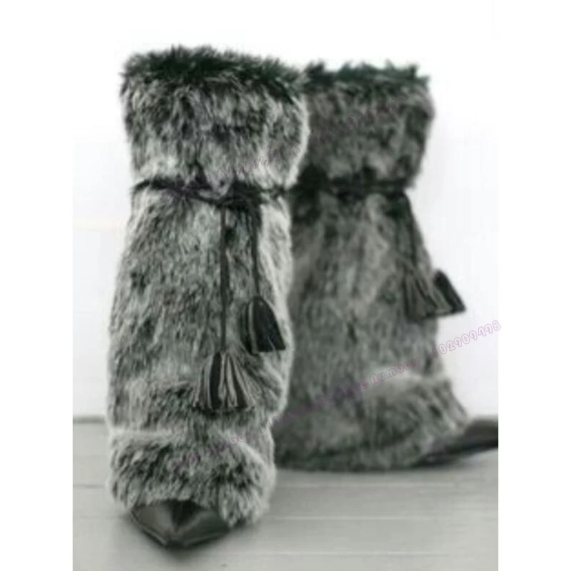 Grey Tassel Fluffy Decor Mid Calf Boots Pointed Toe Shoes for Women Thin High Heels Winter Snow Shoes 2023 Zapatos Para Mujere