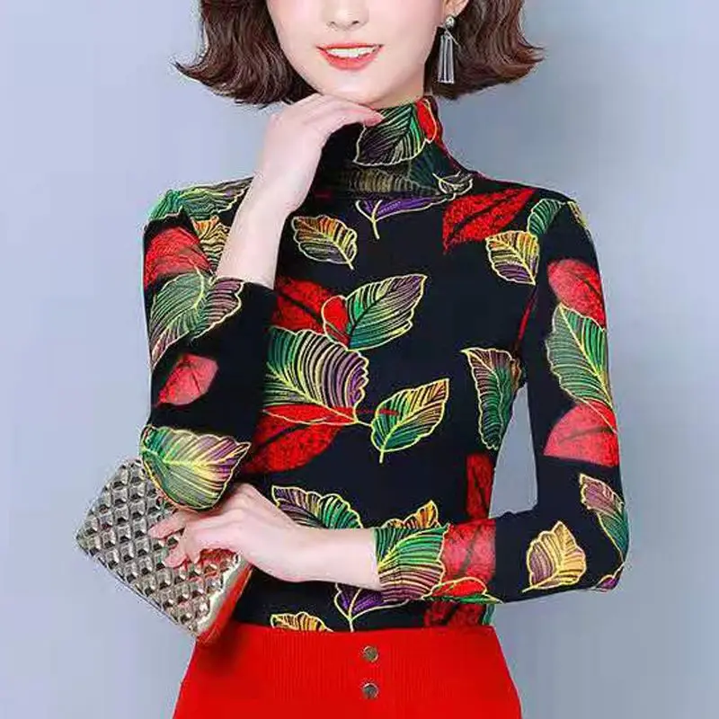 2023 New Autumn and Winter Fashion Minimalist Printed Westernized Mother\'s Outfit Long Sleeved Temperament Slim Fit Warm Top