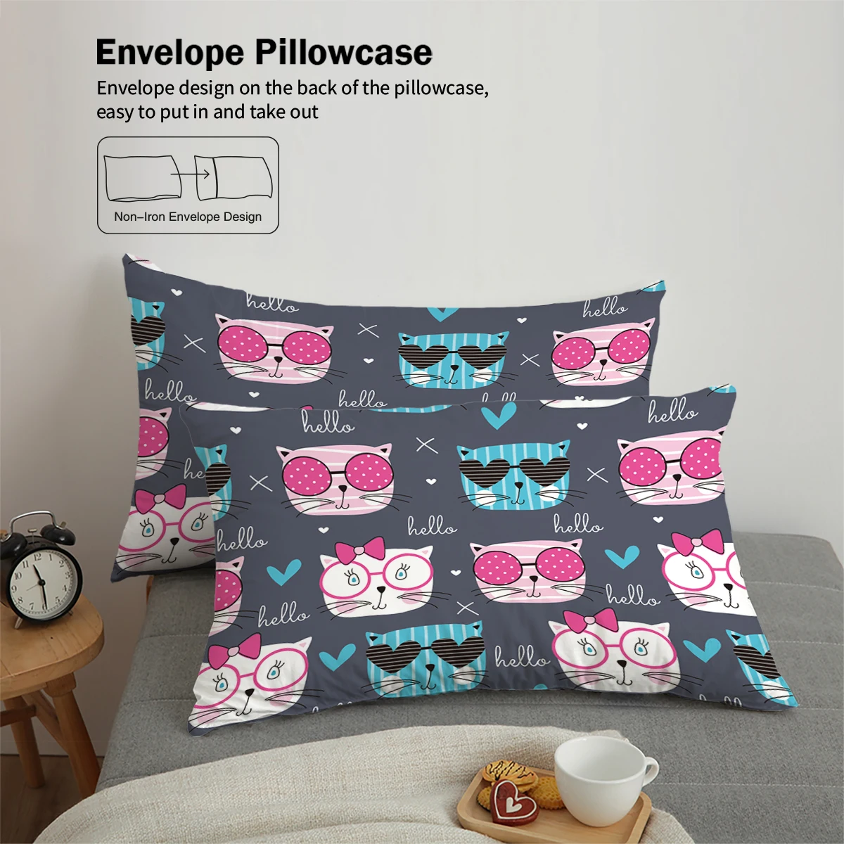 3 pieces of down set with gray cat print pattern (1 down duvet cover+2 pillowcases, no core), comfortable bedroom bedding