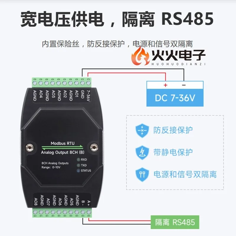 Industrial-grade 8-channel analog output module, rail-type 12-bit DA converter, supports 8 channels of synchronous current