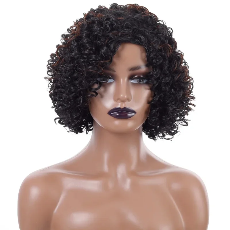 Perruque afro synthétique courte bouclée avec frange latérale pour femme, cheveux crépus naturels, perruques afro-américaines, marron ombré des années 70