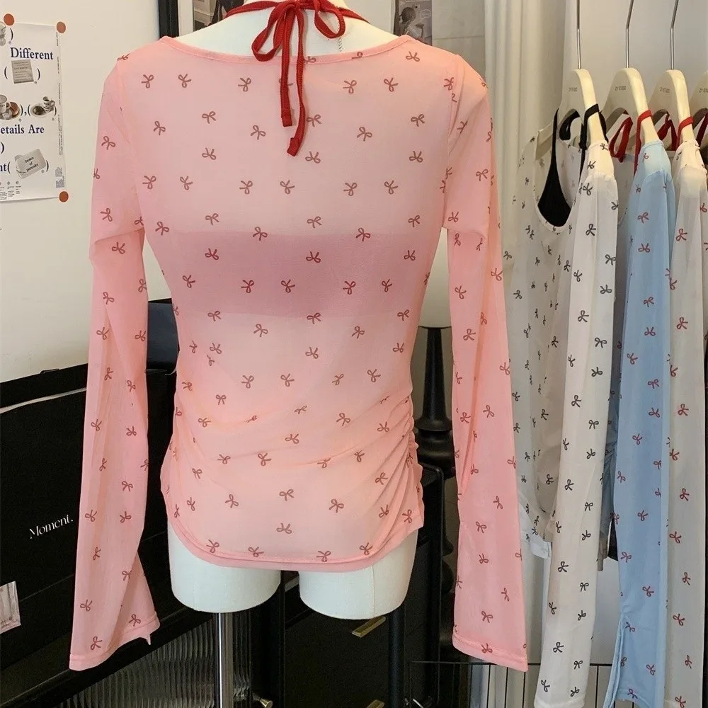 Sweet Bow Print Off Shoulder Blouse Long Sleeve Mesh Sheer Shirt Sun Protection Slim Fit Y2K Beach Tops
