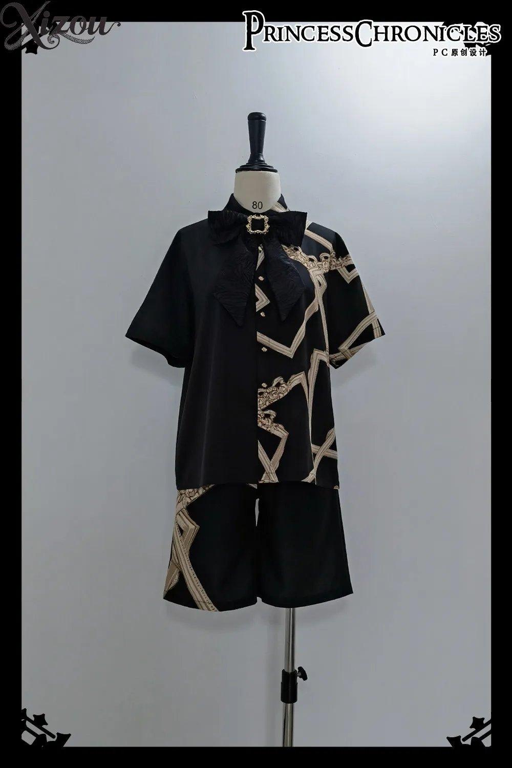 Ouji Lolita 2 Piece Set Black Retro Geometric Print Short Sleeve Shirt Matching Shorts Gothic Prince Style Costume Man 2026