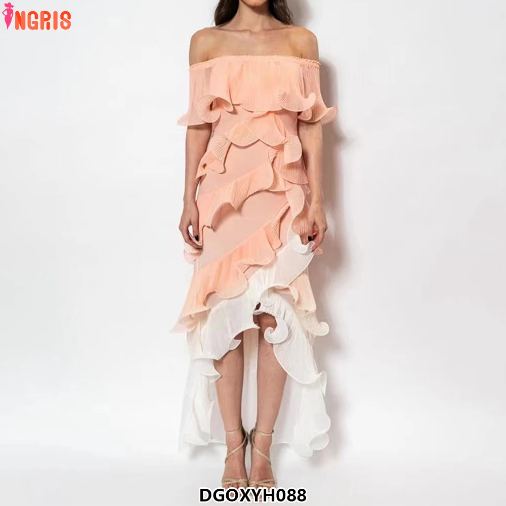 

2025 New High Quality Women New Sexy Sleeveless One-shoulder Wooden Ear Edge Advanced Sense Solid Color Dress-DGOXYH088