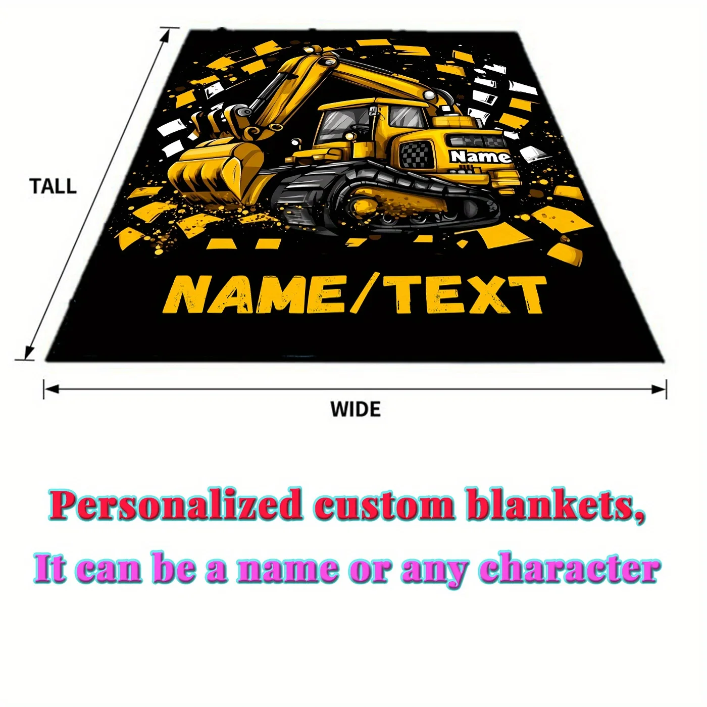 Customized Name Excavator Blanket Lightweight Flannel, Soft and Warm, Digital Printed Name Text, Tear Resistant