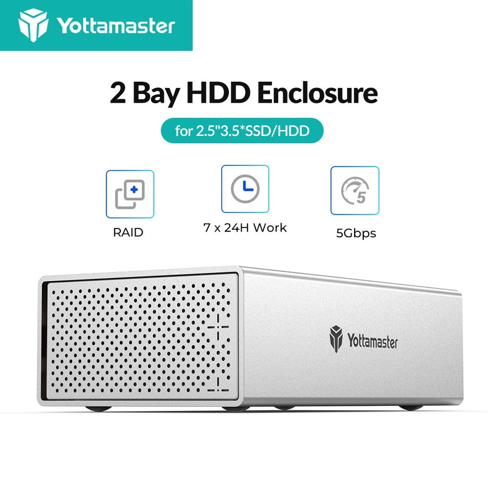 

Yottamaster Aluminum 2.5"/3.5" HDD RAID Type C Dual Bay External Hard Drive Enclosure USB3.1 GEN1 for 3.5 Inch SATA HDD [PS200]