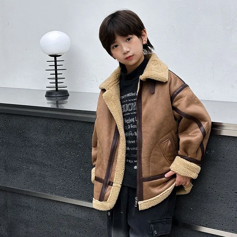 Boys Winter Jacket New Faux Fur Lined Thickened Leather And Fur Integrated Velvet Jacket for Children