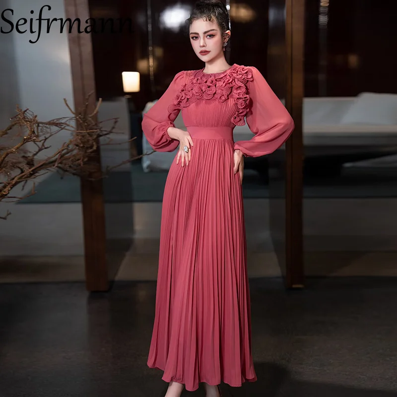 Seifrmann Modedesign Damenkleid mit Applikationen, hoher Taille, Laternenärmel, einfarbig, große Schaukel, plissierte Kleider