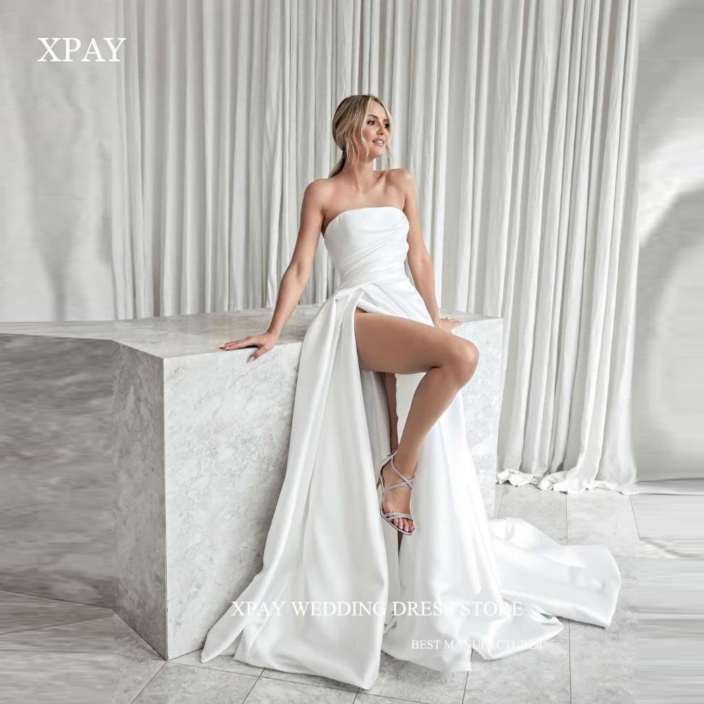 

XPAY Simple A Line Satin Korea Wedding Dresses Strapless Split Floor Length Country Bridal Gowns Corset Back vestido de novia