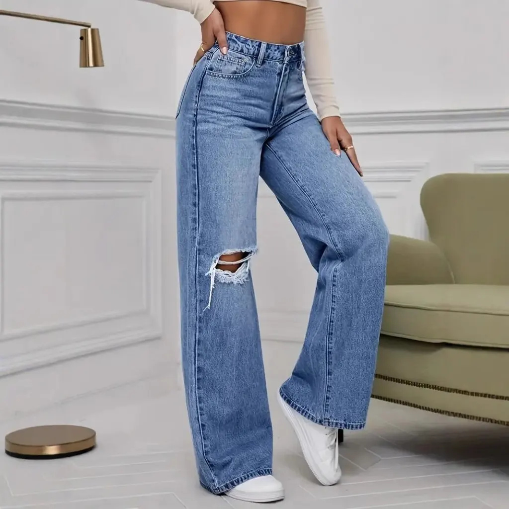 

High-Waisted Wide-Leg Straight Tube Ripped Jeans for Women Light Blue Floor-Length Pants Fashionable Style