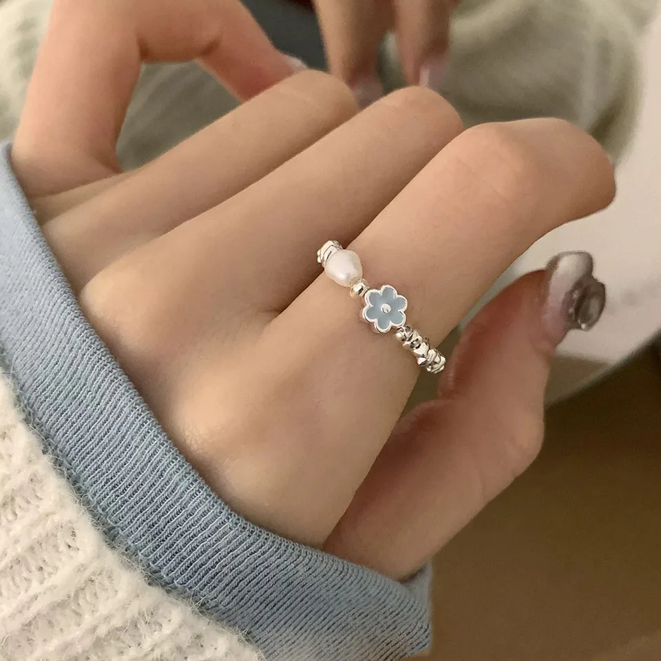 925 Sterling Silver Rings for Women Couple Minimalist Handmade Simple BLue Flower Ring Fine Jewelry Gift Prevent Allergy