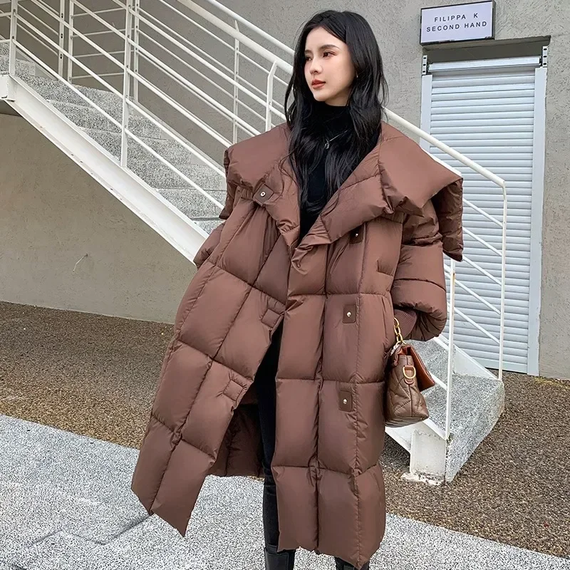 Winter New White Duck Down Down Coat Women Long Solid Windproof Hood Loose Warm Single Breasted Casual Coat