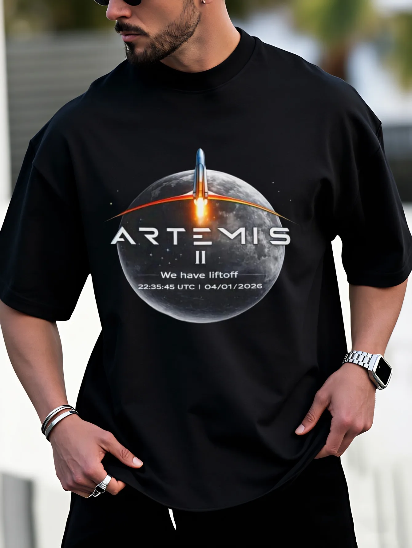 New Style Fun Unisex T-Shirt Black Space Rocket Launch Graphic with Text We Have Liftoff 223545 Utc 04026 Perfect for Space Enthusiasts And Sci Fi Fans Great Gift for Holidays Made Of   Fashionable And Versatile Ideal for Daily Casual