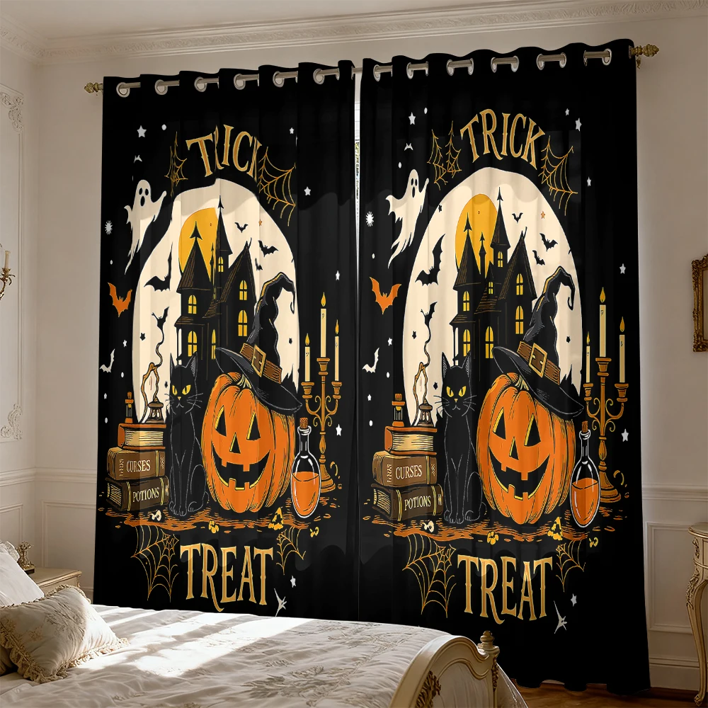 2pcs Halloween pumpkin haunted house TRICK TREAT perforated blackout curtains living room bedroom home decoration