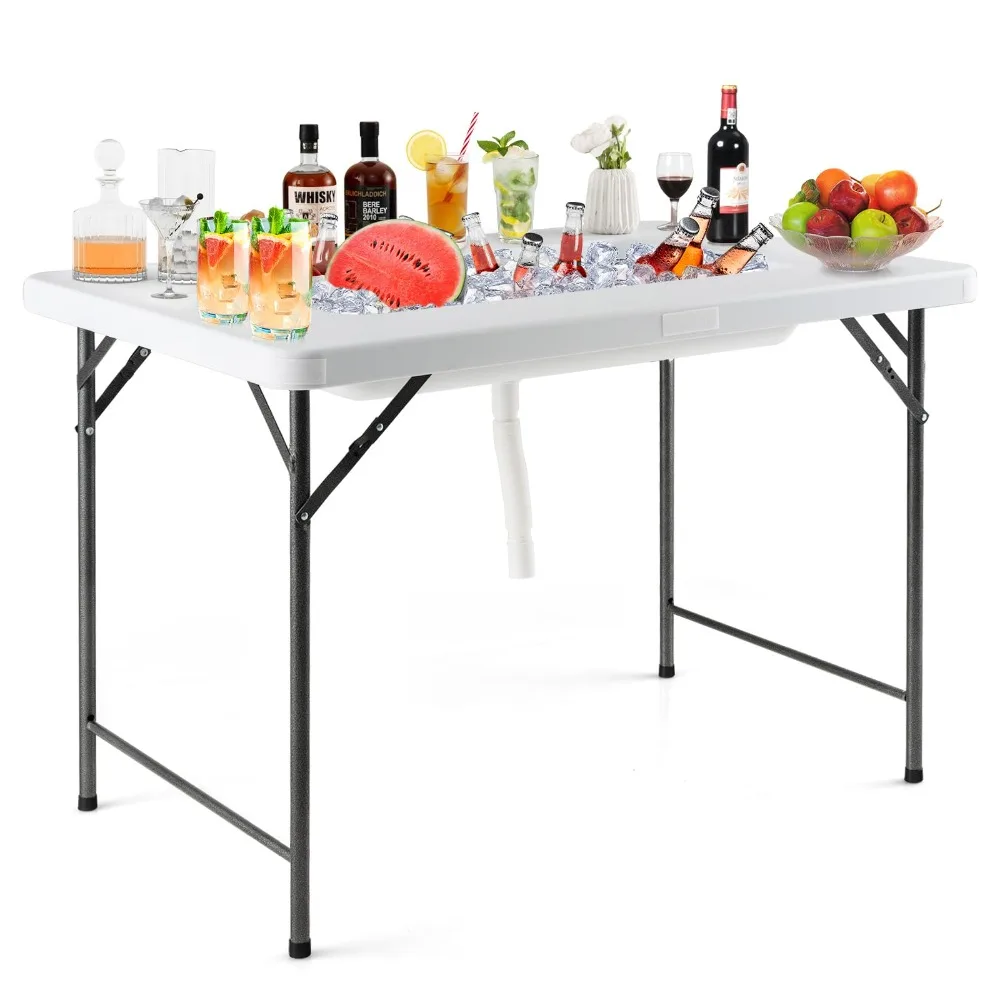 Folding Ice Cooler Table with Drain and Skirt, Foldable Beverage Cooler Table, Portable Chill Table for Party, Picnic