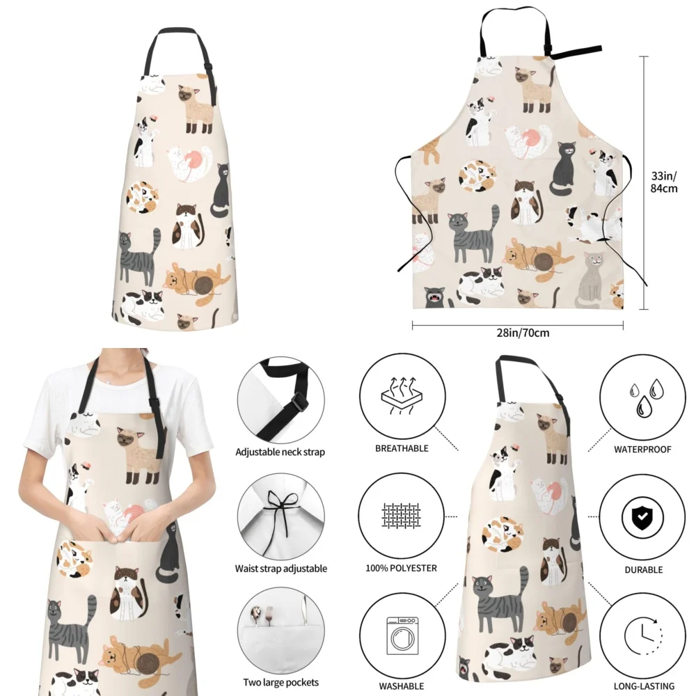 

Cute Cats Apron for Women Men Adjustable Neck Cooking Apron Polyester Kitchen Helper with 2 Pockets Cute Animal Print Baking