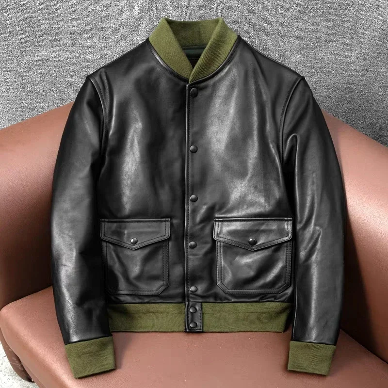New Men's A1 Flight Suit Jacket First Layer Waxed Horse Leather Jacket Slim Short Stand Collar Baseball Coat