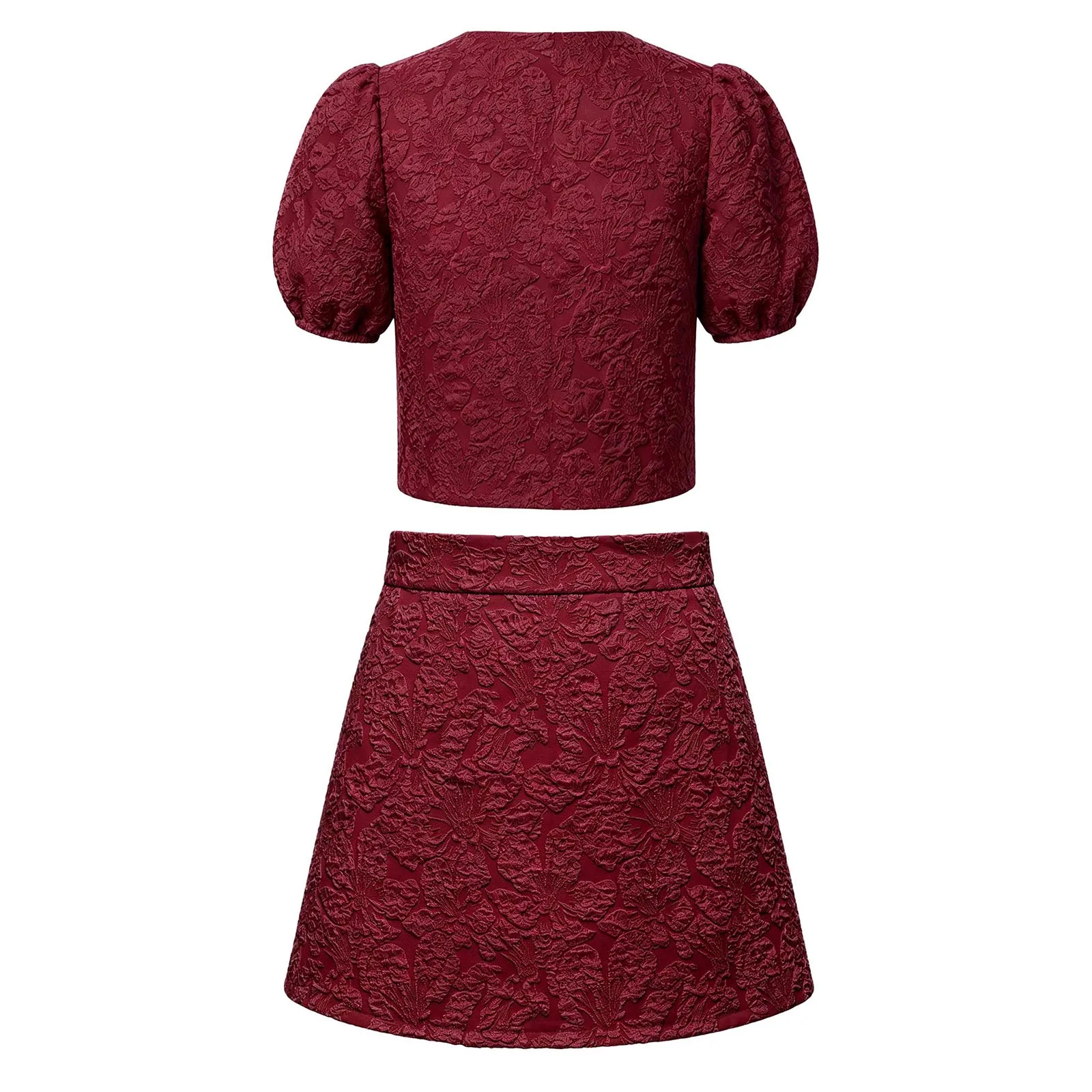 Kids Girls Birthday Party Sets Jacquard Dance Outfit Short Puff Sleeve Button Top with Skirt for Wedding Christmas Ceremony