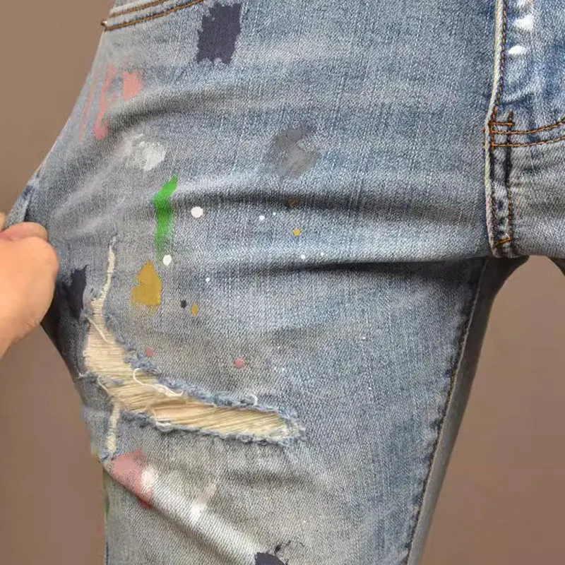 جينز عالي الجودة جديد من Designer Fashion، مطلي، مغسول، حنين، مرن، تنحيف، ريترو، رمادي فاتح، جينز رجالي، هيب هوب