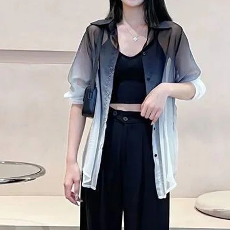 Summer New Thin Fashion Long Sleeve Shirt Women High Street Turn-down Collar Gradient Button Cardigan Sheer Sunscreen Clothing