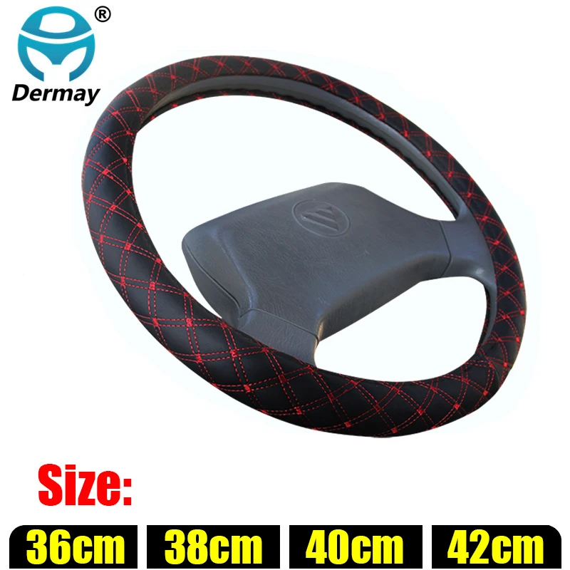 DERMAY Car Steering Wheel Covers 36cm 38cm 40cm 42cm PU Leather Blue line for Car Bus Truck Customized Large/Small Size