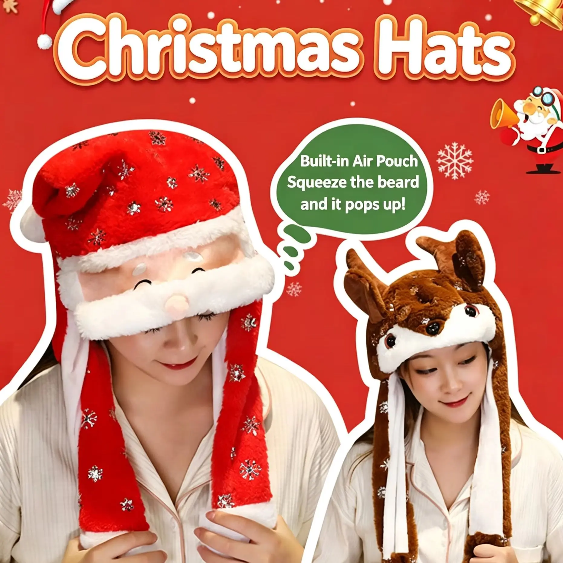 Christmas Plush Hat Moving Pop-up Ears Santa Claus Reindeer Hat Funny Family Party Costume Accessory Xmas Gift for Adults Kids
