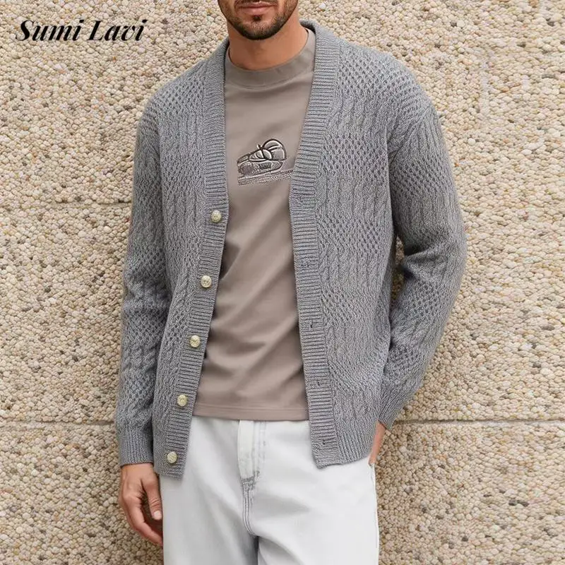 

Fashionable Mens Slim Knit Sweaters Spring Casual Long Sleeve Buttoned V Neck Cardigan Tops Knitted Men Solid Color Sweatercoats