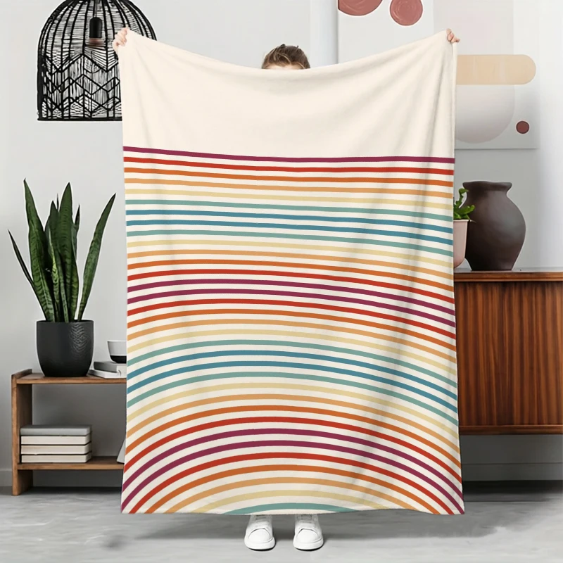 Rainbow Gradient Arc Stripe Flannel Blanket For Retro Bedroom Decor Soft Warm Throw Blanket Wrap
