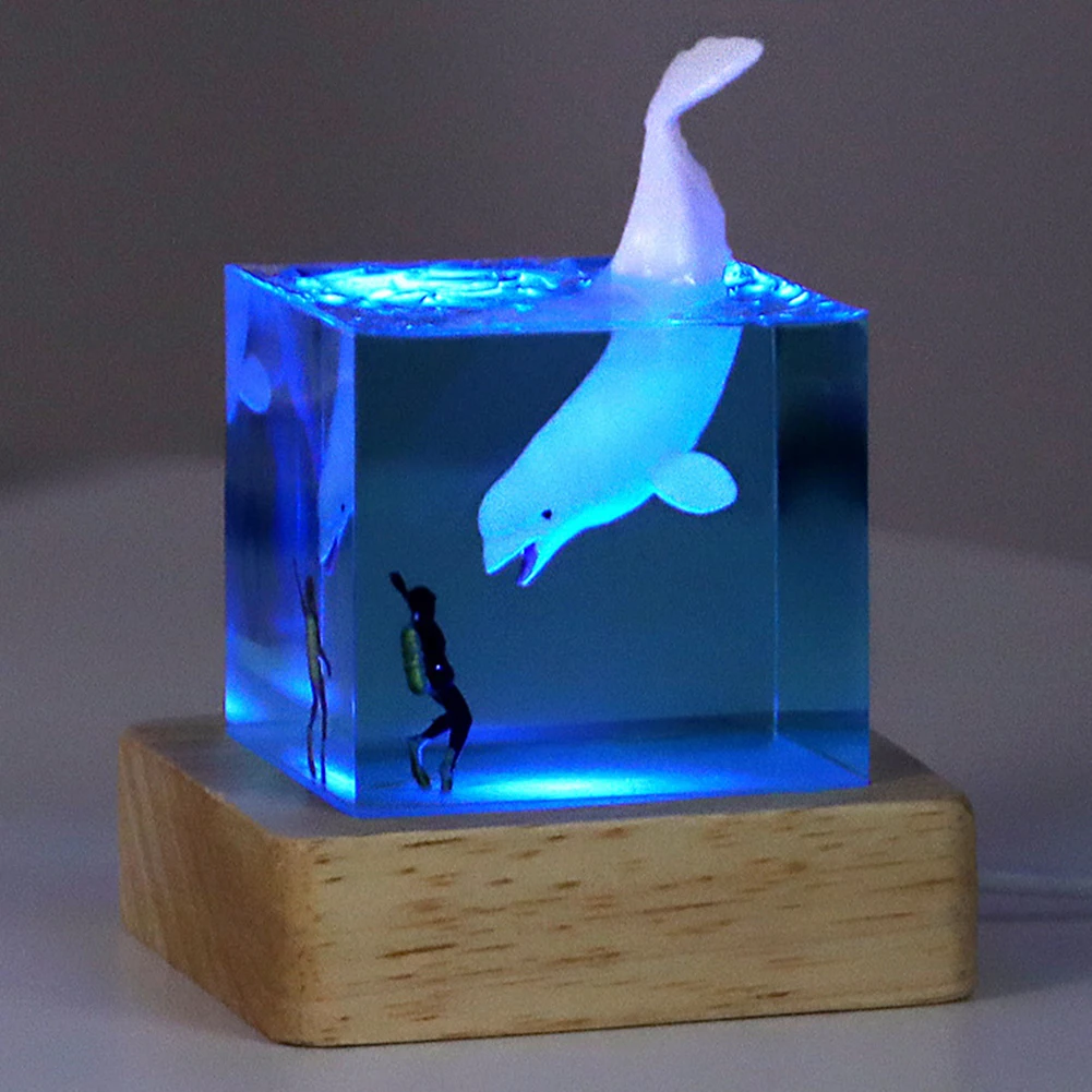 Whale Diver Night Light Cube Resin Decorative Marine Whale Decor Beluga Killer Whale Megalodon for Desktop Bookshelf