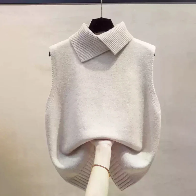 Autumn Winter Korean Solid Color Lapel Sleeveless Versatile Casual Knitted Vest For Women