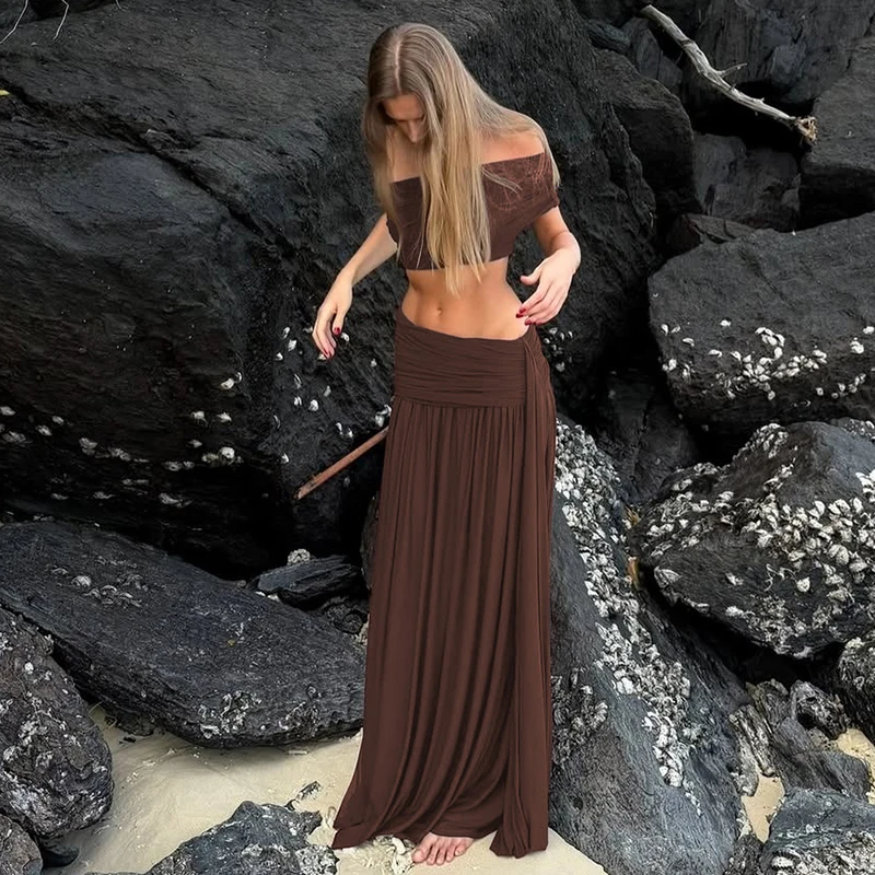 Hugcitar Modische geraffte 2-teilige Sets mit schrägem Kragen, sexy Crop-Tank-Top, Patchwork, plissierter Maxirock, weibliche Strand- und Urlaubsoutfits – Detail 24